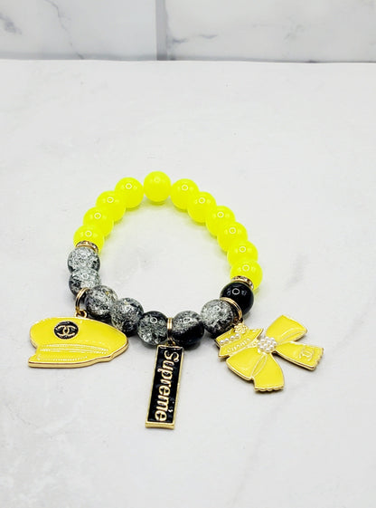 Twilight - Yellow & Black Charm Bracelet - Beaded Stretch Bracelet