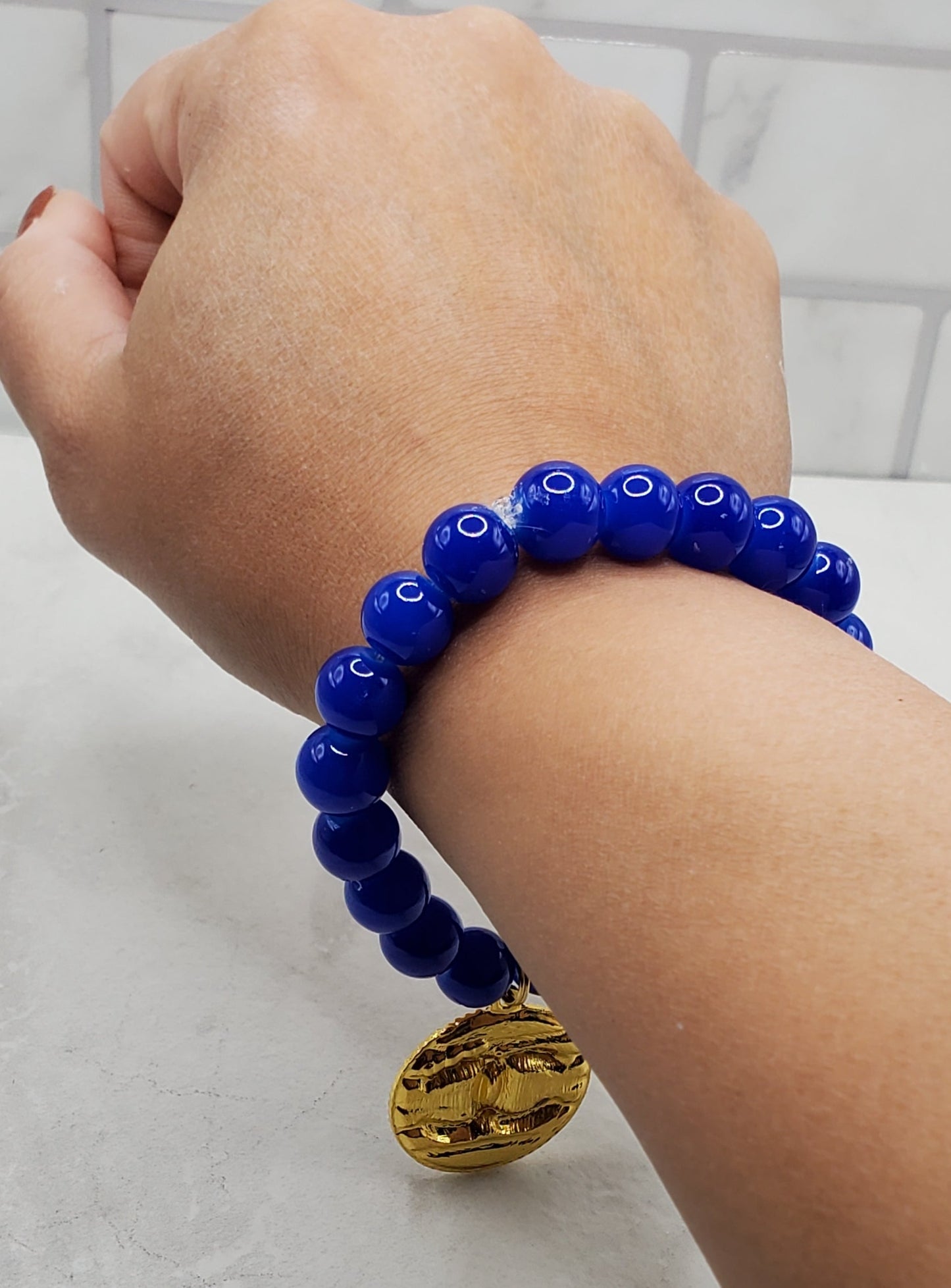 Azure charm bracelet-royal blue beaded stretch bracelet-braceliss