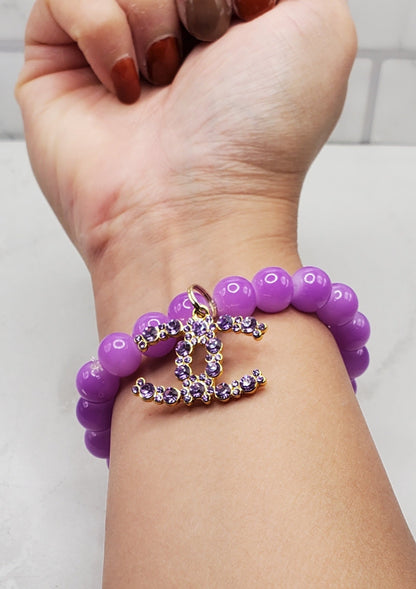 Lilac Charm Bracelet | Beaded Stretch Bracelet on Wrist | Braceliss