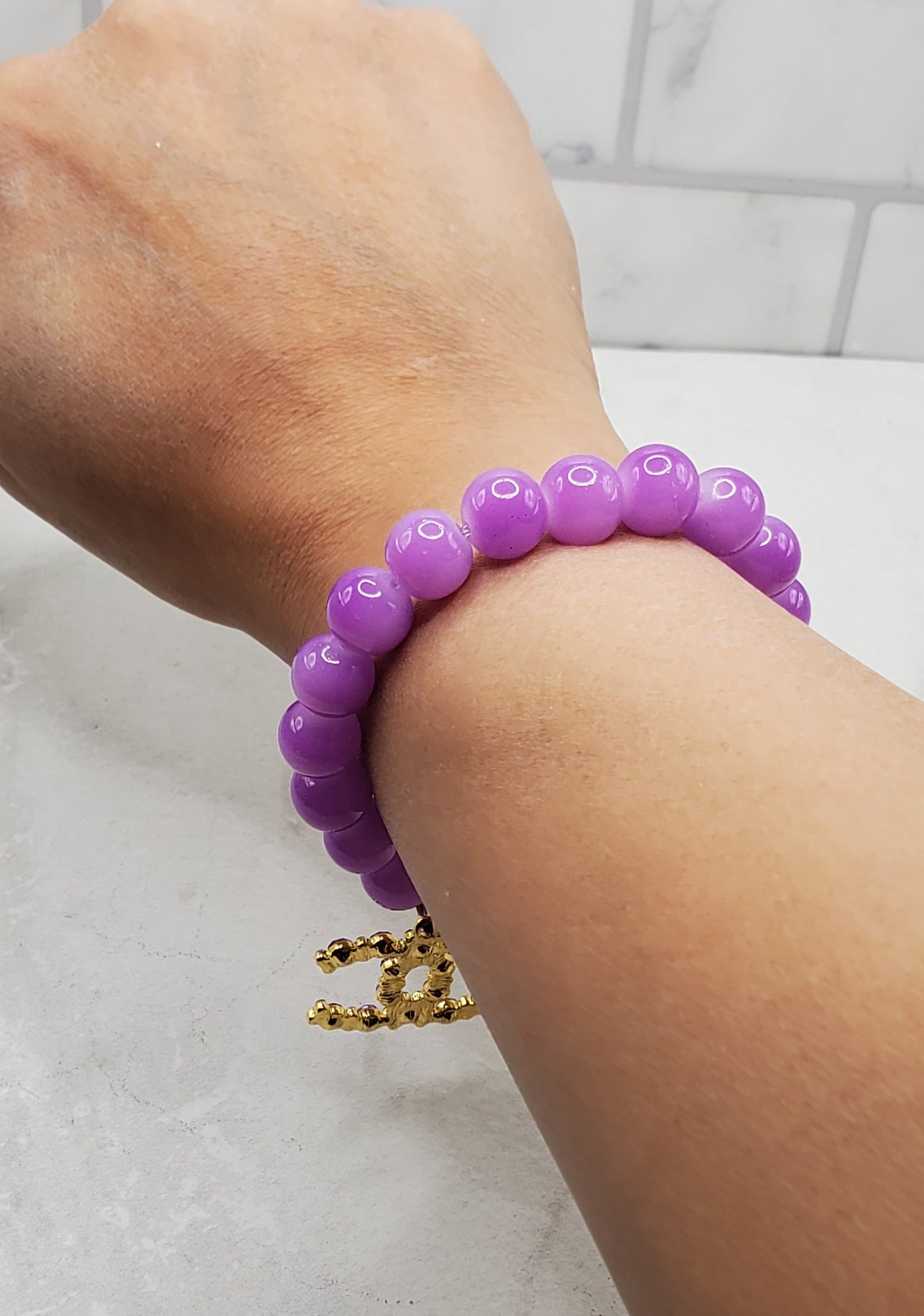 Lilac Charm Bracelet | Beaded Stretch Bracelet on Wrist | Bracelliss