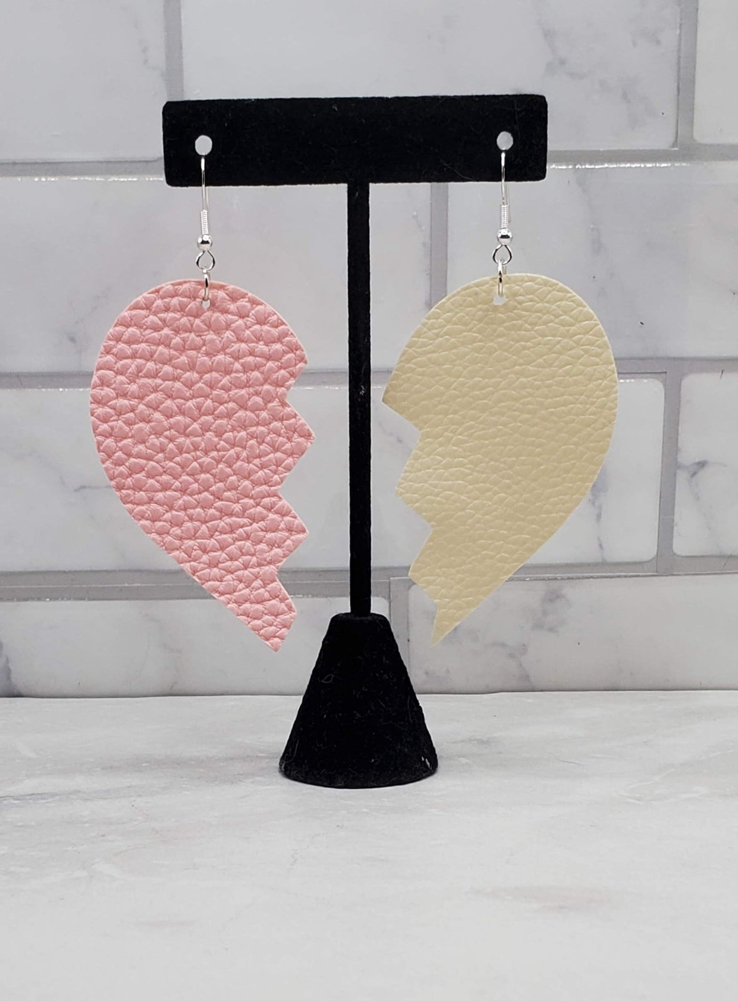 Broken heart earrings | Pink and cream faux leather heart earrings | Braceliss