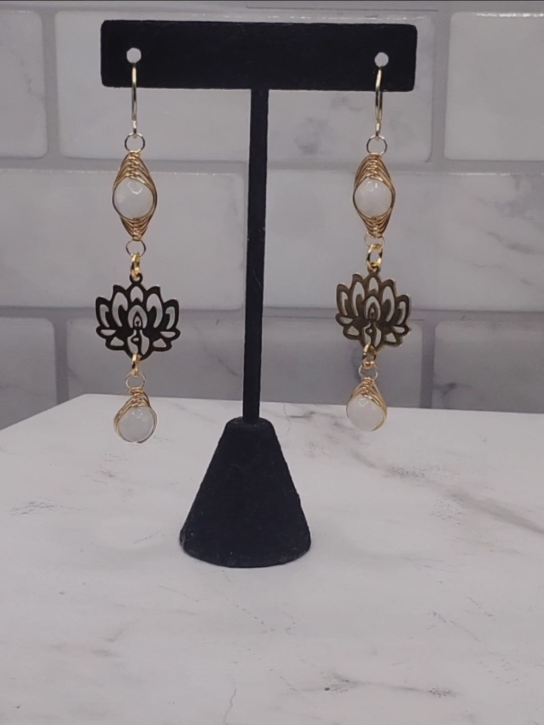 Gold Lotus earrings | Silverite quartz wire wrapped bead earrings | braceliss 