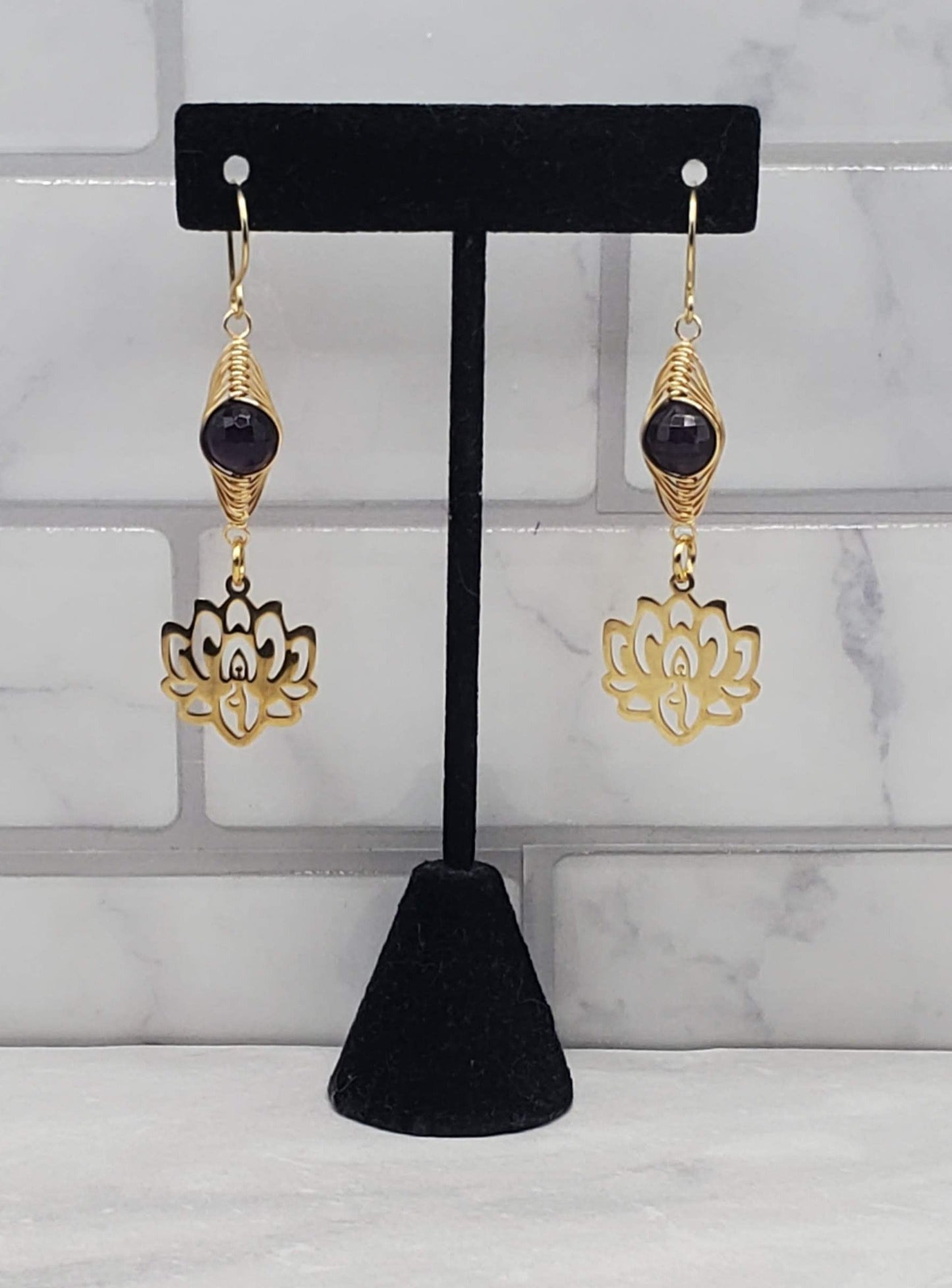 Gold Lotus earrings | Amethyst wire wrapped bead earrings | braceliss 