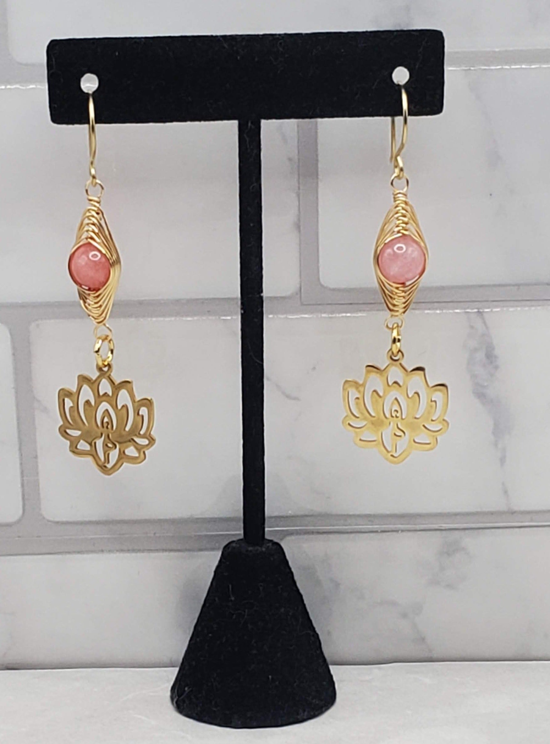 Gold lotus earrings | peach chalcedony wire wrapped bead earrings | braceliss
