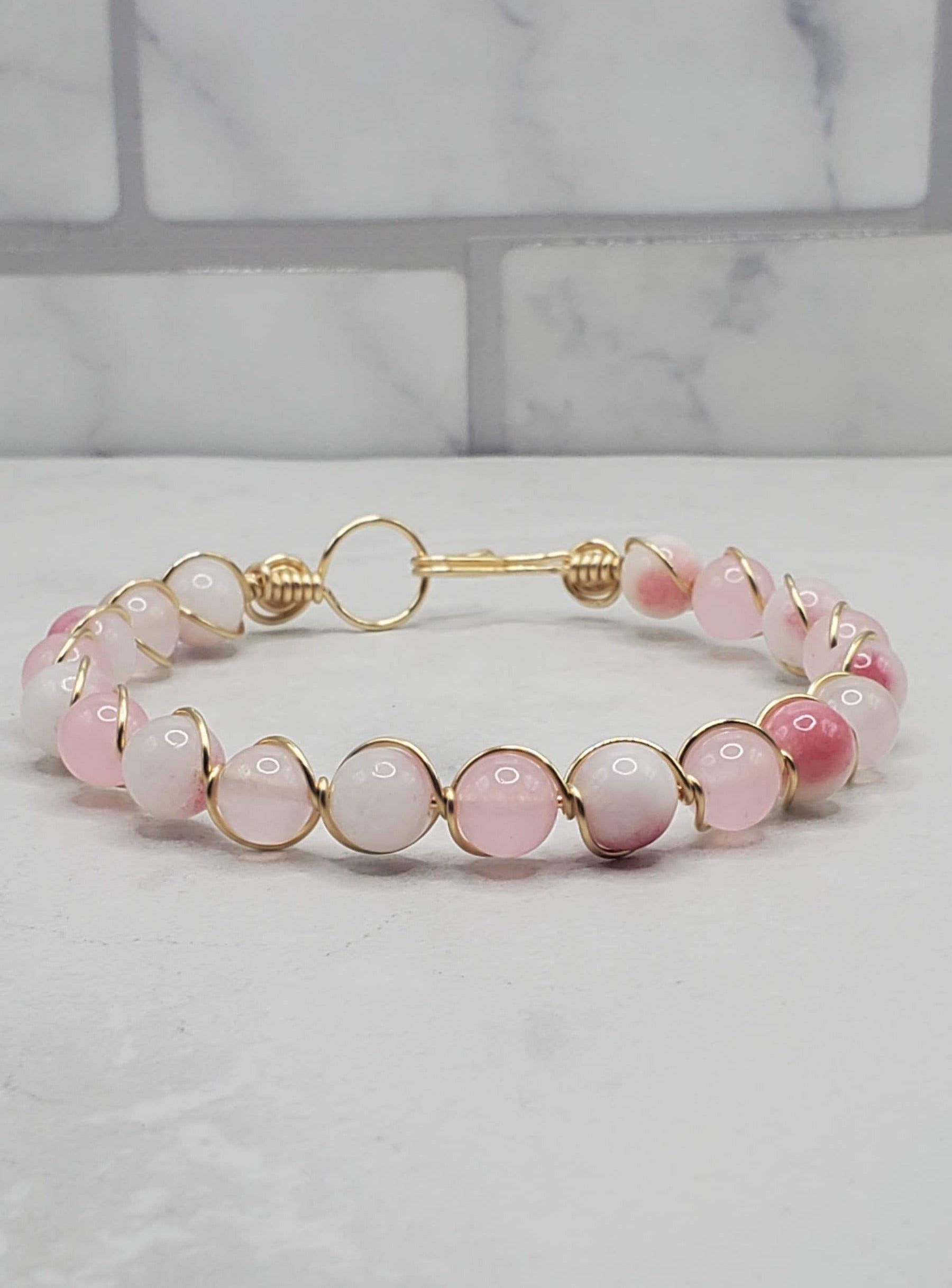 Pink gemstone bracelet | Gold bangle bracelet | Braceliss