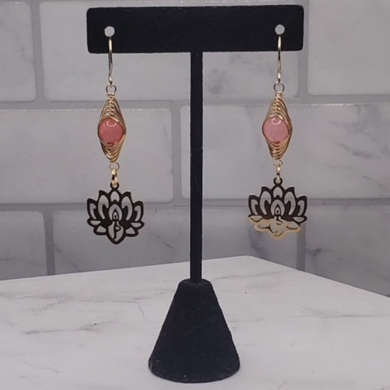 Gold Lotus earrings | Peach chalcedony wire wrapped bead earrings | braceliss 
