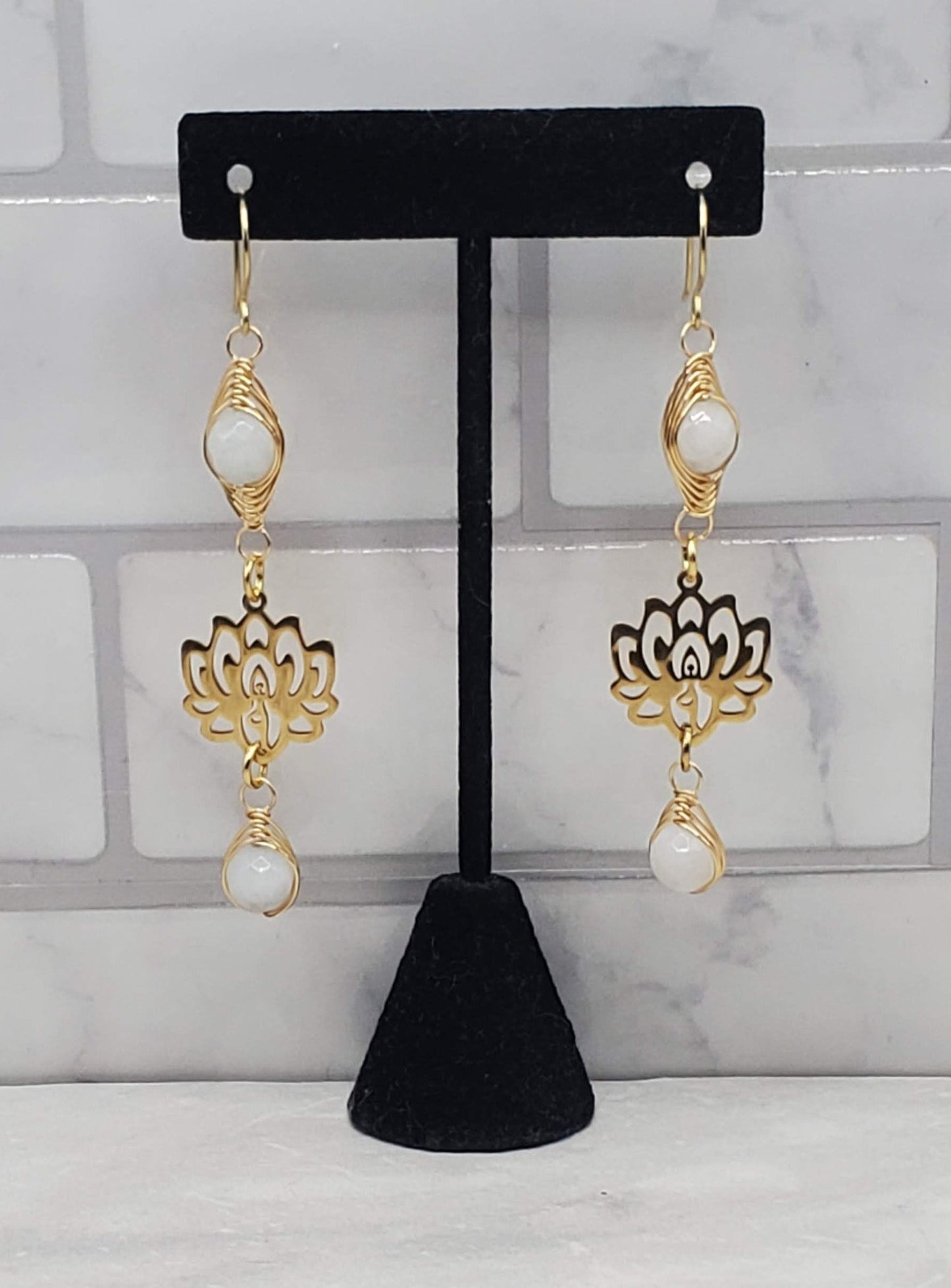 Gold lotus earrings | silverite quarts wire wrapped bead earrings | braceliss