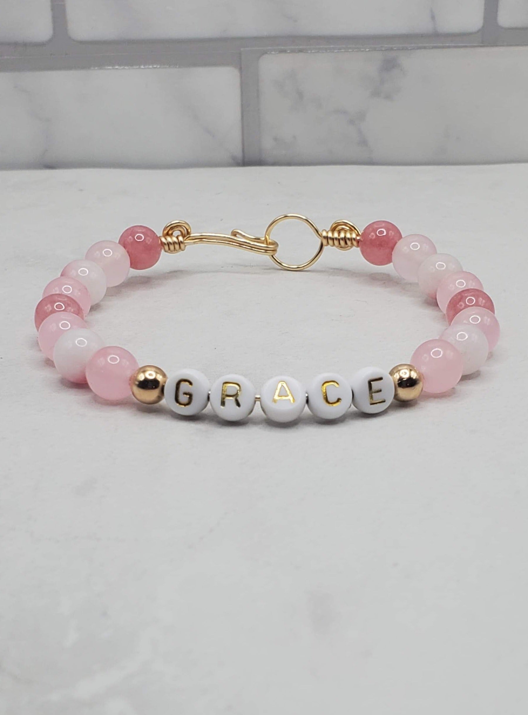 Grace beaded word bracelet | Gemstone bangle bracelet frontview | Braceliss