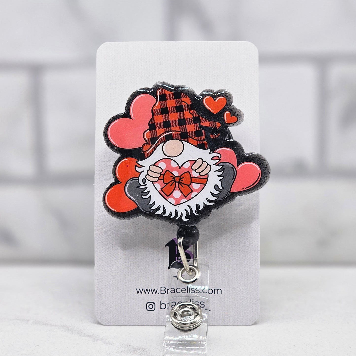 2" Red & Black Valentine Gnome Badge Reel | Retractable Medical ID Tag | Gift For Nurses, Teachers, Medical Assistants | Fun Badge Holder