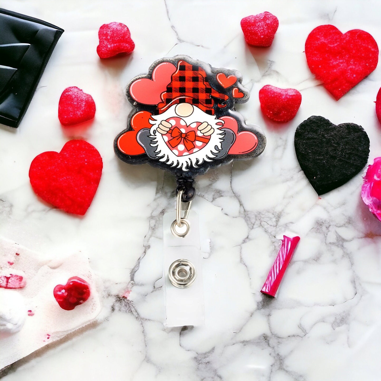 Red & black valentine gnome badge reel | retractable valentines day badge holder | braceliss