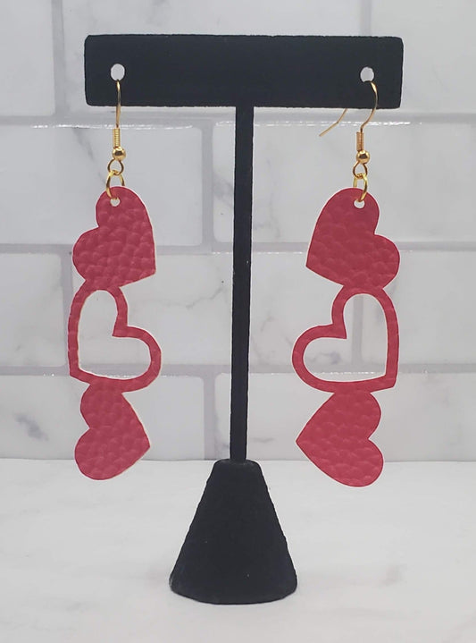 Stacked heart earrings - dark pink faux leather drop earrings - braceliss
