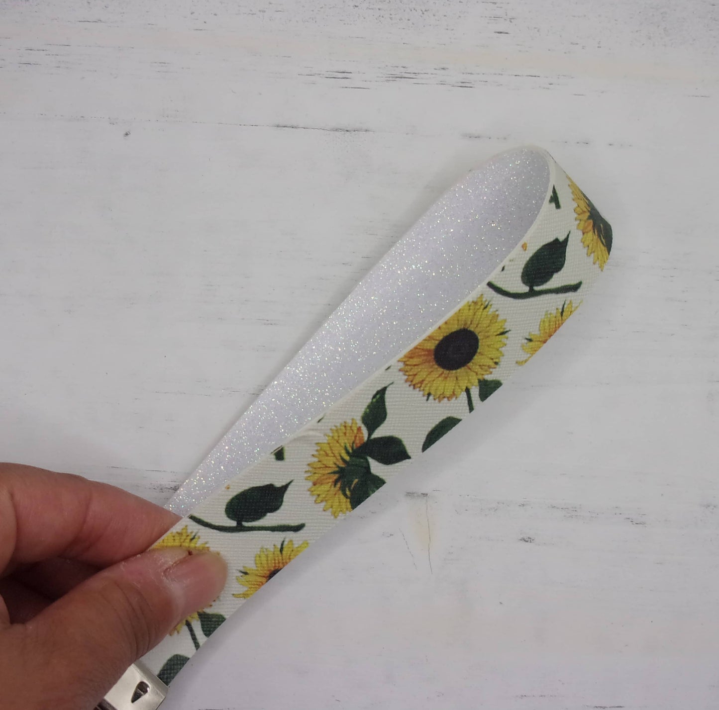Sunflower w/ dark green & white glitter faux leather keyfob wristlet