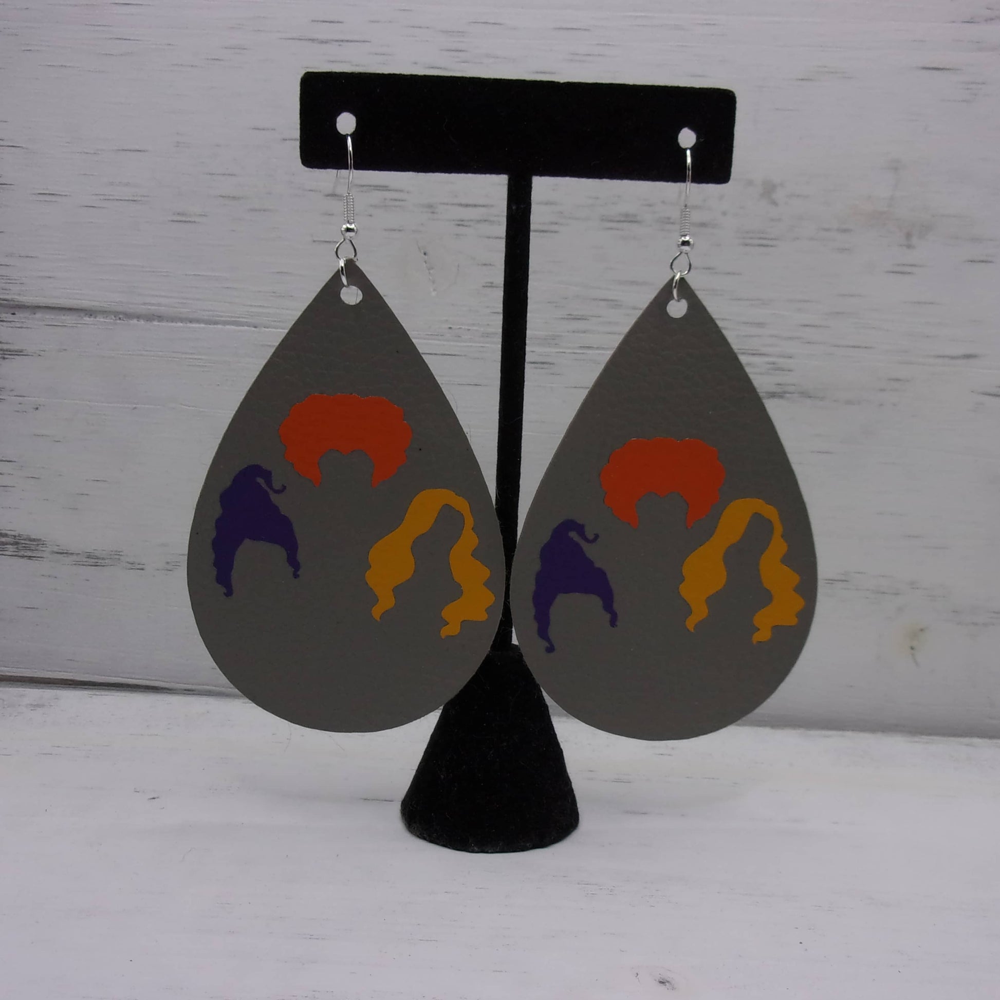 Grey faux leather earrings sanderson sisters silouhette